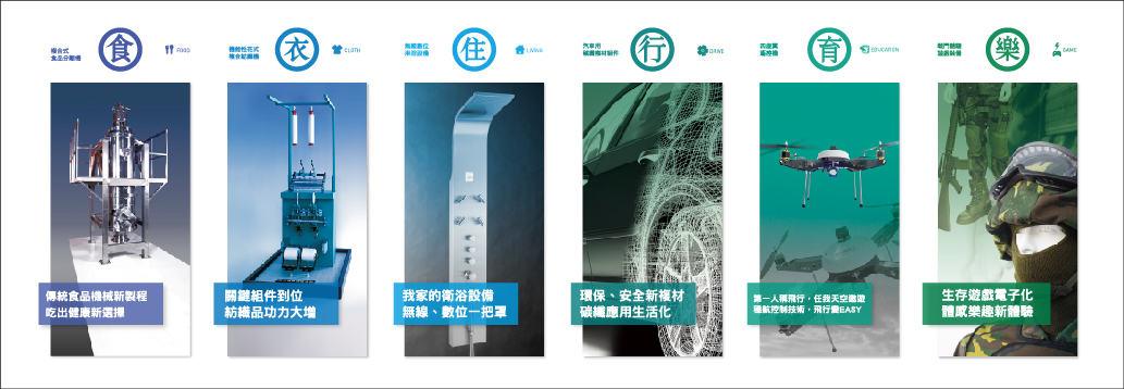 傳產-食衣住行育樂, 結合產、學、研資源，導入創新元素及產業發展模式，帶動傳統產業食衣住行育樂升級轉型.